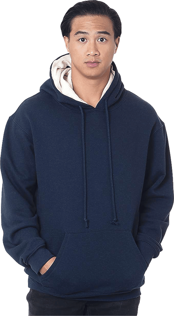 Am image of a Custom Bayside Super Heavy Thermal Lined Hooded Sweatshirt in Navy/ Cream!