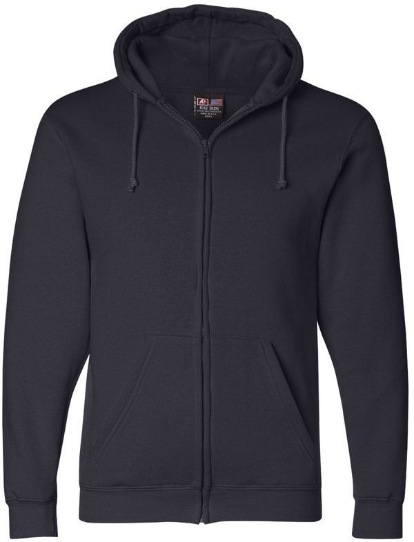 An image of a Custom Bayside Unisex USA Made Full Zip Hooded Sweatshirt in Navy!