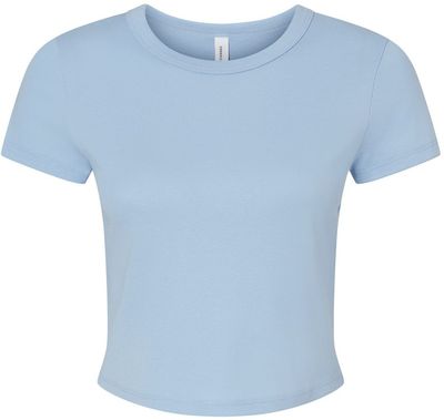 Am image of a Custom Bella and Canvas Womens Micro Rib Baby Tee in Solid Baby Blue!