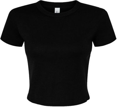 Am image of a Custom Bella and Canvas Womens Micro Rib Baby Tee in Solid Black Blend!