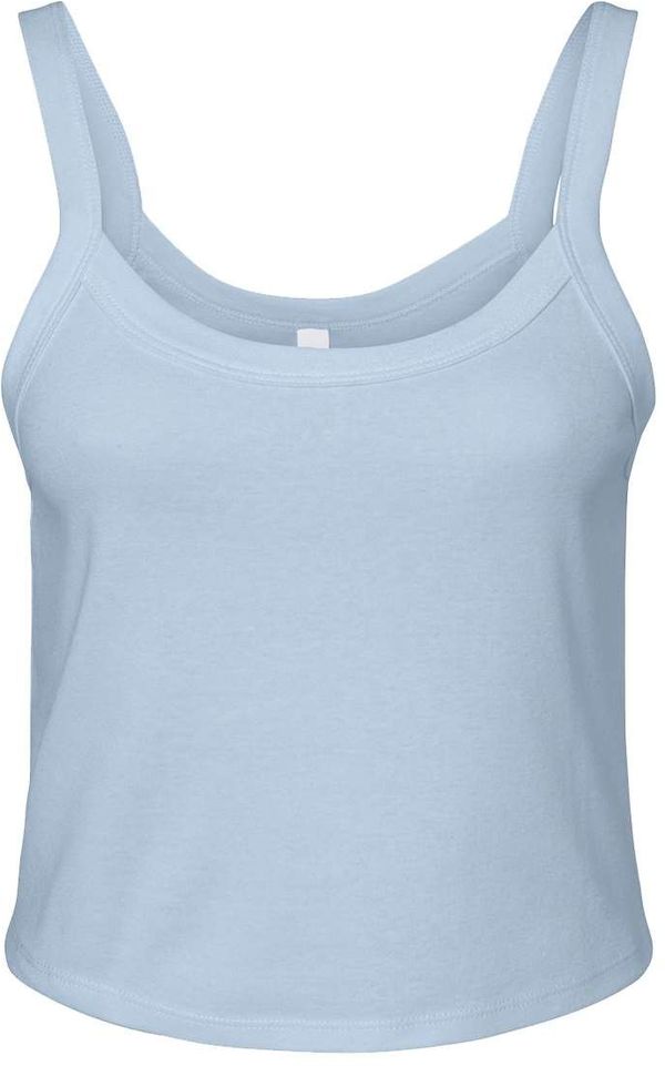 Am image of a Custom Bella and Canvas Womens Micro Rib Spaghetti Strap Tank in Solid Baby Blue!