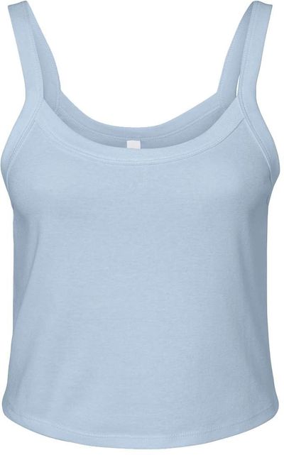Am image of a Custom Bella and Canvas Womens Micro Rib Spaghetti Strap Tank in Solid Baby Blue!