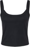 Am image of a Custom Bella and Canvas Womens Micro Rib Spaghetti Strap Tank in Solid Black Blend!