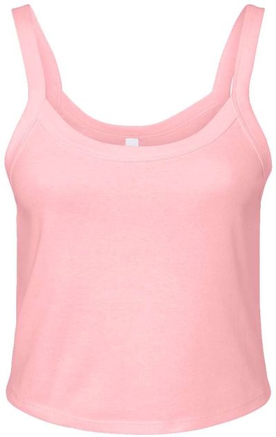 Am image of a Custom Bella and Canvas Womens Micro Rib Spaghetti Strap Tank in Solid Pink Blend!