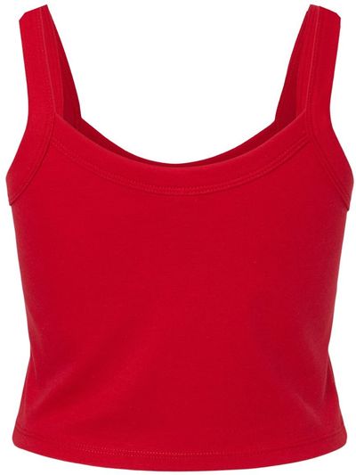 Am image of a Custom Bella and Canvas Womens Micro Rib Spaghetti Strap Tank in Solid Red Blend!