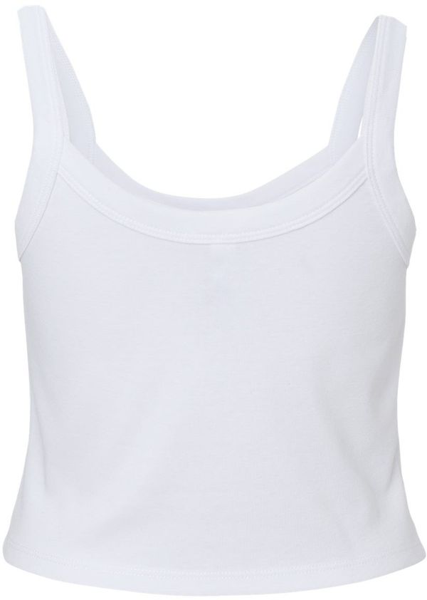 Am image of a Custom Bella and Canvas Womens Micro Rib Spaghetti Strap Tank in Solid White Blend!