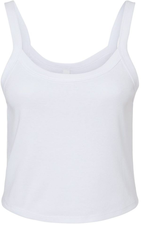 Am image of a Custom Bella and Canvas Womens Micro Rib Spaghetti Strap Tank in Solid White Blend!