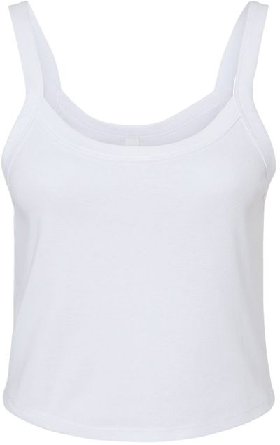Am image of a Custom Bella and Canvas Womens Micro Rib Spaghetti Strap Tank in Solid White Blend!