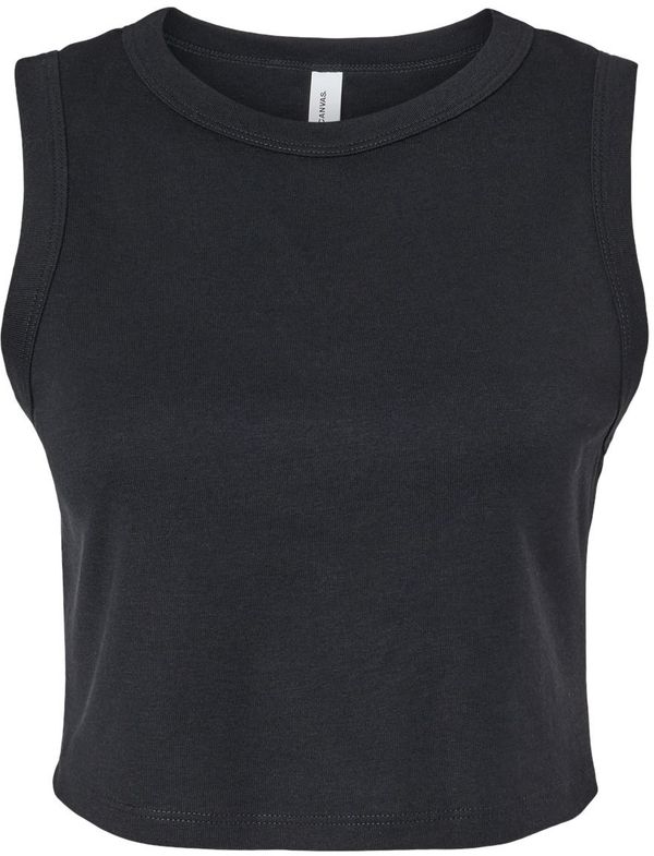 Am image of a Custom Bella and Canvas Womens Micro Rib Muscle Crop Tank in Solid Black Blend!