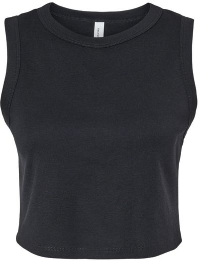 Am image of a Custom Bella and Canvas Womens Micro Rib Muscle Crop Tank in Solid Black Blend!