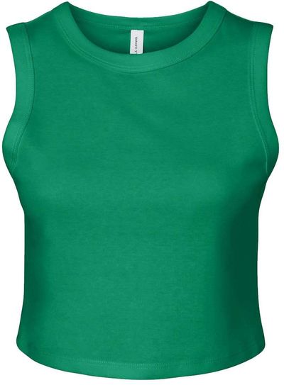Am image of a Custom Bella and Canvas Womens Micro Rib Muscle Crop Tank in Solid Kelly Blend!