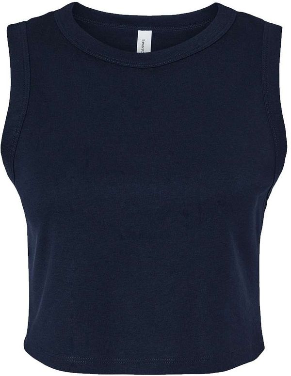 Am image of a Custom Bella and Canvas Womens Micro Rib Muscle Crop Tank in Solid Navy Blend!