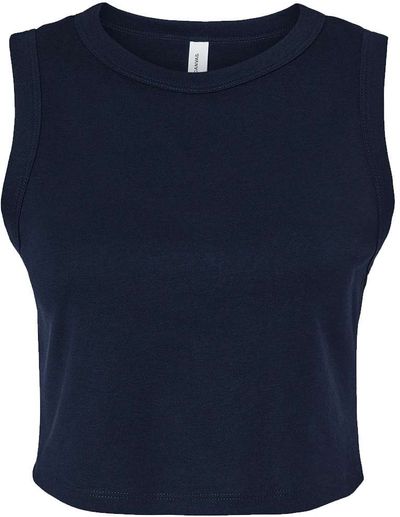 Am image of a Custom Bella and Canvas Womens Micro Rib Muscle Crop Tank in Solid Navy Blend!