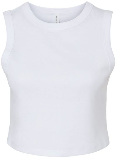 Am image of a Custom Bella and Canvas Womens Micro Rib Muscle Crop Tank in Solid White Blend!