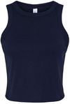 Am image of a Custom Bella and Canvas Womens Micro Rib Racer Tank in Solid Navy Blend!