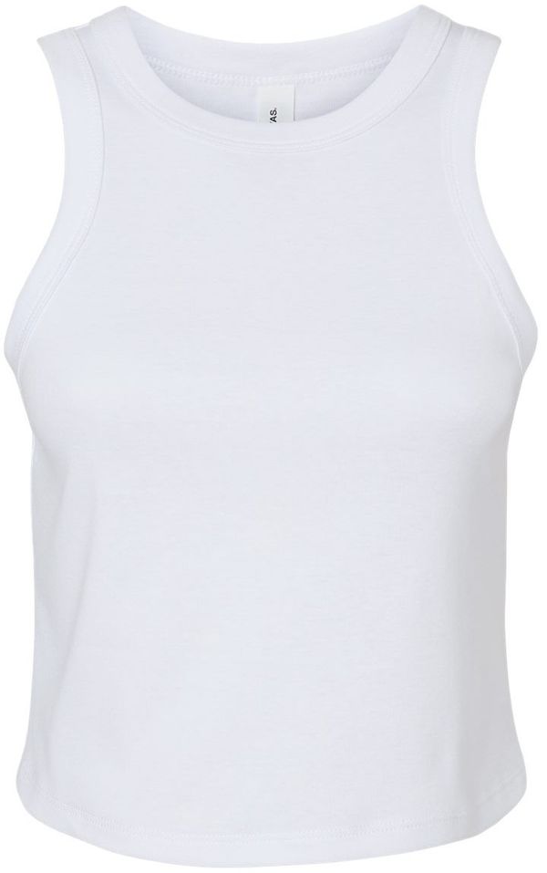 Am image of a Custom Bella and Canvas Womens Micro Rib Racer Tank in Solid White Blend!