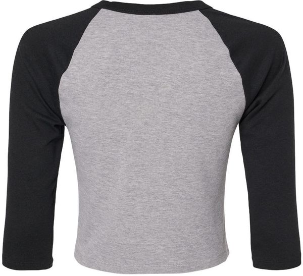 Am image of a Custom Bella and Canvas Womens Micro Rib Raglan Sleeve Baby Tee in Athletic Heather/Black!