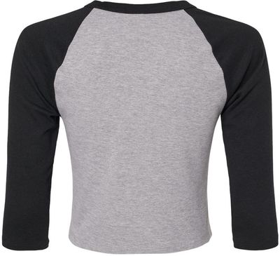 Am image of a Custom Bella and Canvas Womens Micro Rib Raglan Sleeve Baby Tee in Athletic Heather/Black!
