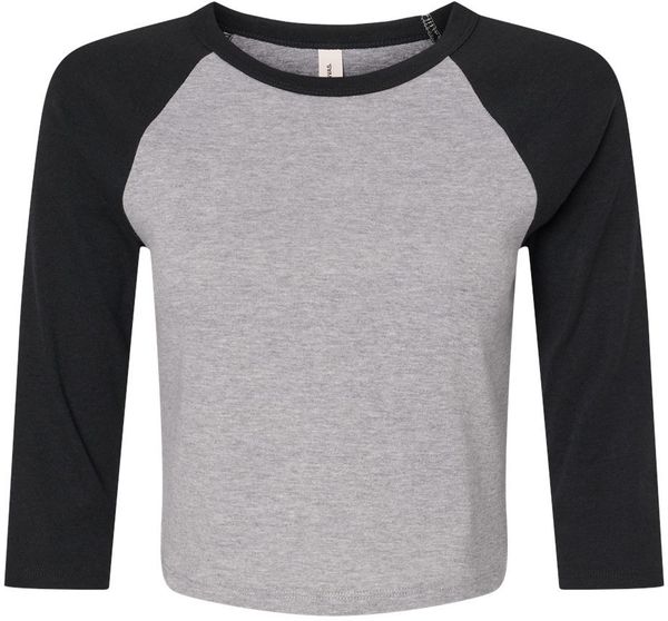 Am image of a Custom Bella and Canvas Womens Micro Rib Raglan Sleeve Baby Tee in Athletic Heather/Black!