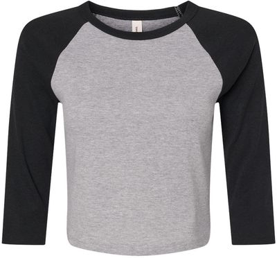Am image of a Custom Bella and Canvas Womens Micro Rib Raglan Sleeve Baby Tee in Athletic Heather/Black!