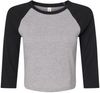 Am image of a Custom Bella and Canvas Womens Micro Rib Raglan Sleeve Baby Tee in Athletic Heather/Black!