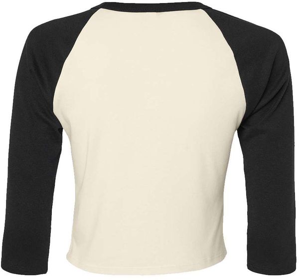 Am image of a Custom Bella and Canvas Womens Micro Rib Raglan Sleeve Baby Tee in Natural/Black!
