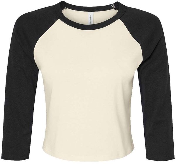 Am image of a Custom Bella and Canvas Womens Micro Rib Raglan Sleeve Baby Tee in Natural/Black!
