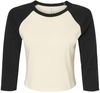Am image of a Custom Bella and Canvas Womens Micro Rib Raglan Sleeve Baby Tee in Natural/Black!
