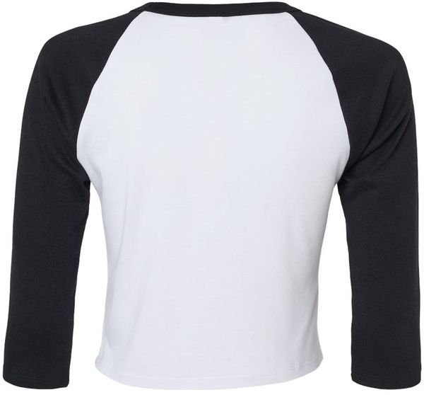 Am image of a Custom Bella and Canvas Womens Micro Rib Raglan Sleeve Baby Tee in White/Black!