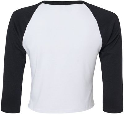 Am image of a Custom Bella and Canvas Womens Micro Rib Raglan Sleeve Baby Tee in White/Black!