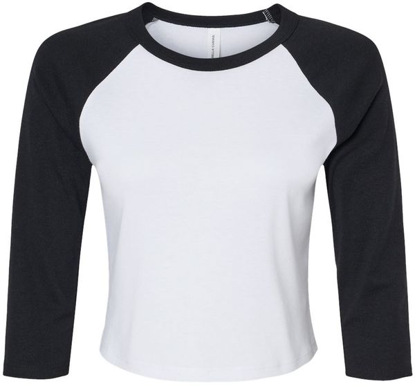 Am image of a Custom Bella and Canvas Womens Micro Rib Raglan Sleeve Baby Tee in White/Black!
