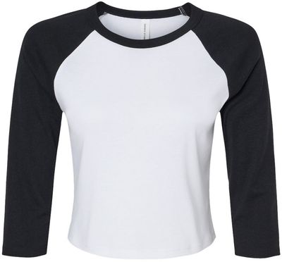 Am image of a Custom Bella and Canvas Womens Micro Rib Raglan Sleeve Baby Tee in White/Black!