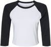 Am image of a Custom Bella and Canvas Womens Micro Rib Raglan Sleeve Baby Tee in White/Black!