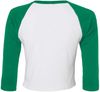 Am image of a Custom Bella and Canvas Womens Micro Rib Raglan Sleeve Baby Tee in White/Kelly!
