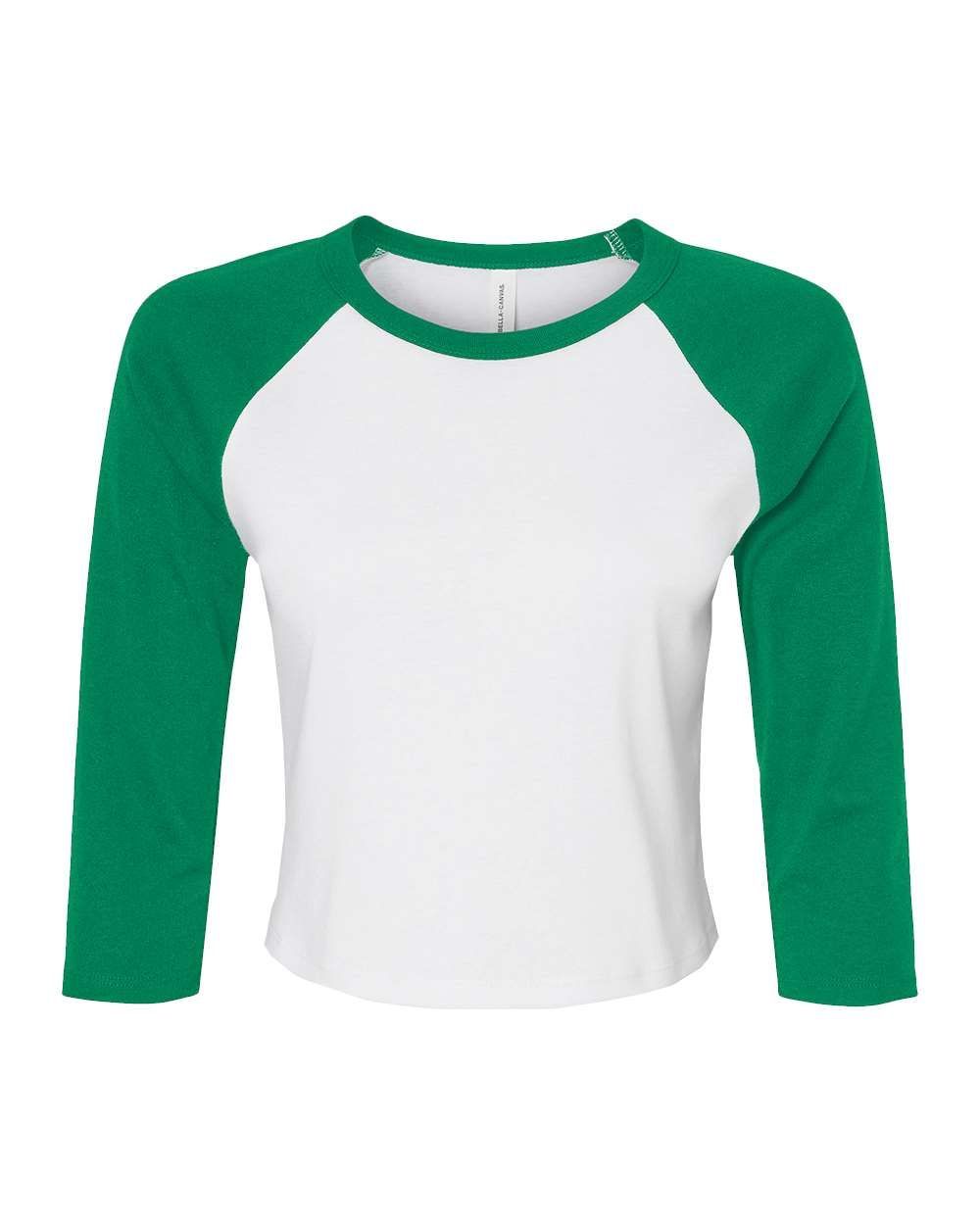 Bella and Canvas Womens Micro Rib Raglan Sleeve Baby Tee in White/Kelly