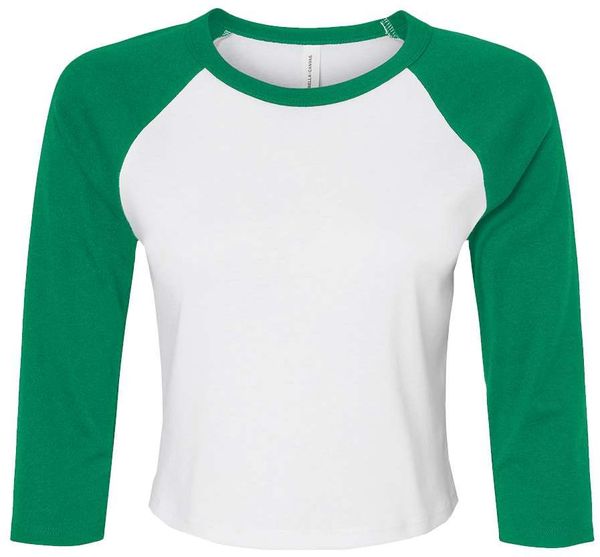 Am image of a Custom Bella and Canvas Womens Micro Rib Raglan Sleeve Baby Tee in White/Kelly!