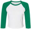 Am image of a Custom Bella and Canvas Womens Micro Rib Raglan Sleeve Baby Tee in White/Kelly!