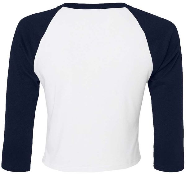 Am image of a Custom Bella and Canvas Womens Micro Rib Raglan Sleeve Baby Tee in White/Navy!