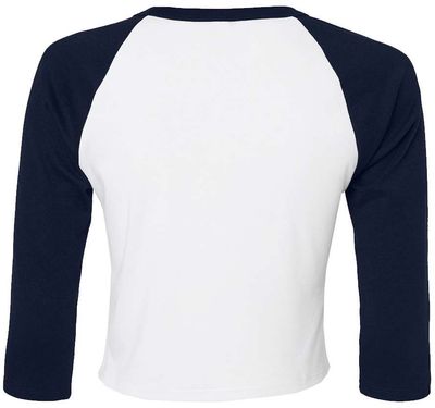 Am image of a Custom Bella and Canvas Womens Micro Rib Raglan Sleeve Baby Tee in White/Navy!
