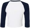 Am image of a Custom Bella and Canvas Womens Micro Rib Raglan Sleeve Baby Tee in White/Navy!