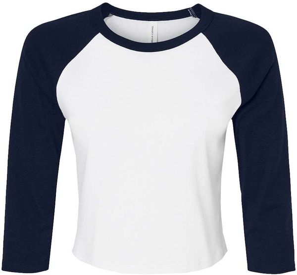 Am image of a Custom Bella and Canvas Womens Micro Rib Raglan Sleeve Baby Tee in White/Navy!