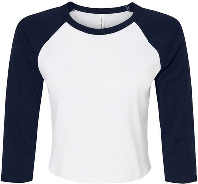 Am image of a Custom Bella and Canvas Womens Micro Rib Raglan Sleeve Baby Tee in White/Navy!