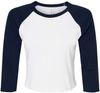 Am image of a Custom Bella and Canvas Womens Micro Rib Raglan Sleeve Baby Tee in White/Navy!