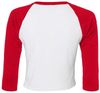 Am image of a Custom Bella and Canvas Womens Micro Rib Raglan Sleeve Baby Tee in White/Red!