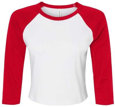 Am image of a Custom Bella and Canvas Womens Micro Rib Raglan Sleeve Baby Tee in White/Red!