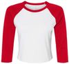 Am image of a Custom Bella and Canvas Womens Micro Rib Raglan Sleeve Baby Tee in White/Red!