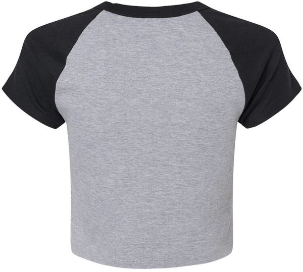Am image of a Custom Bella and Canvas Womens Micro Rib Raglan Baby Tee in Athletic Heather/Black!