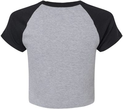 Am image of a Custom Bella and Canvas Womens Micro Rib Raglan Baby Tee in Athletic Heather/Black!