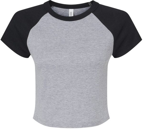 Am image of a Custom Bella and Canvas Womens Micro Rib Raglan Baby Tee in Athletic Heather/Black!