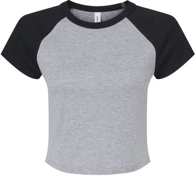 Am image of a Custom Bella and Canvas Womens Micro Rib Raglan Baby Tee in Athletic Heather/Black!